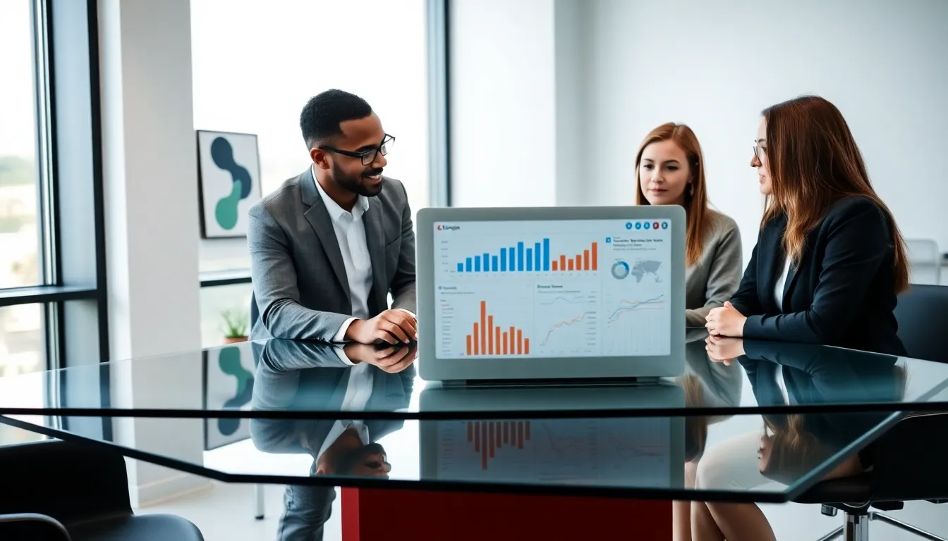 diverse team analyzing data in a modern office setting.
